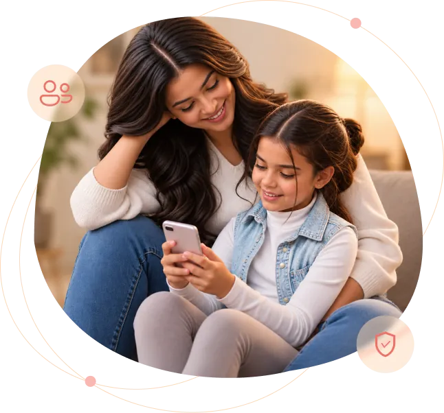 Mother and daughter looking at a phone together, protected by the Eyezonkid parental control app
