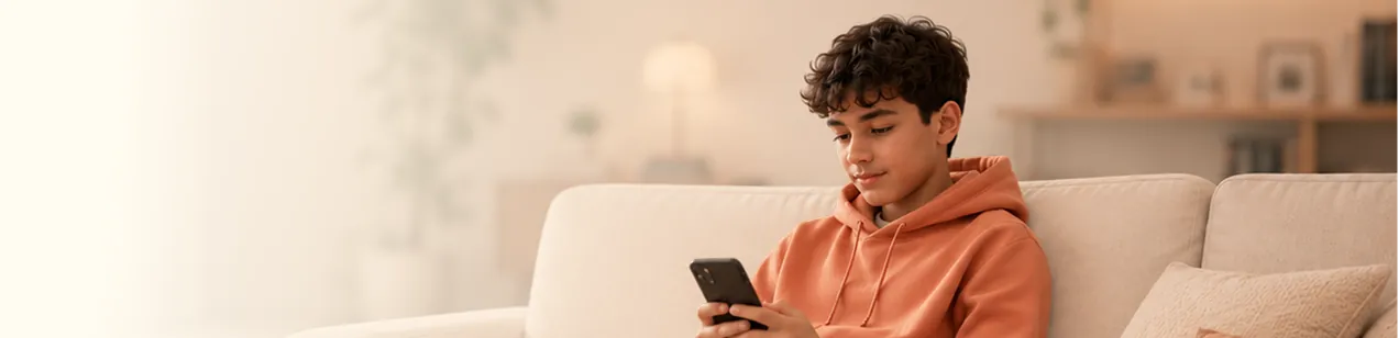 Teenage boy relaxing on a sofa using his phone without continuous screen recording
